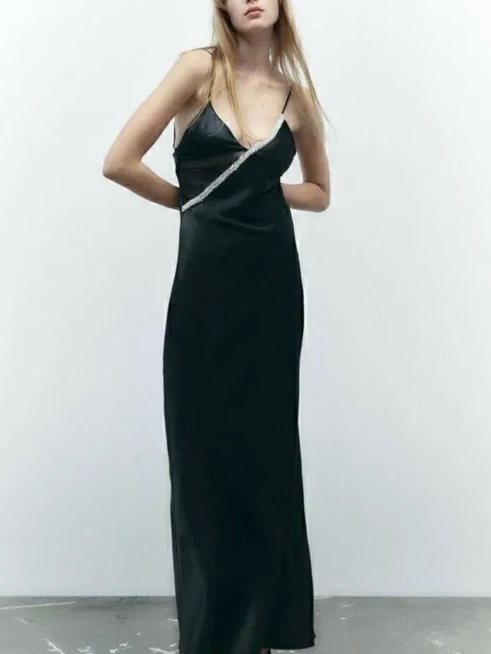 Zara Black Maxi Slip Dress with Crystal Detail